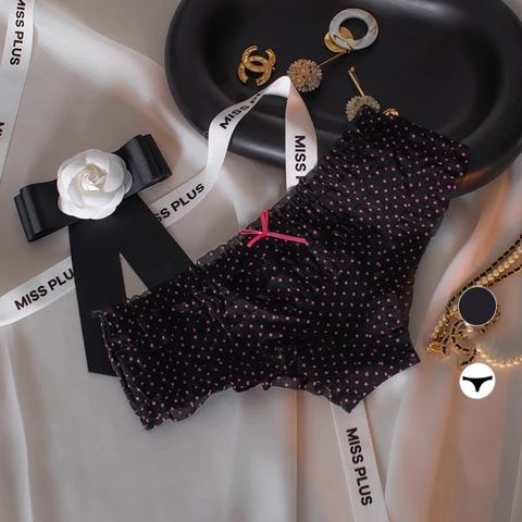 Quần Lót Lưng Thun Nhún Bèo Cạp Cao Đáng Yêu Xinh Xắn Quần Chip Nữ Ren Mềm Mại Phối Hoa Nơ Sexy - T303 Đen Chấm Bi