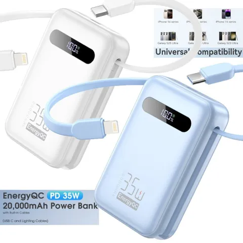 Pin dự phòng 20.000mAh EnergyQC, sạc nhanh 35w cho iPhone 17 , liền 2 dây sạc C & L 788794