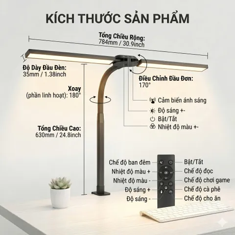 Đèn LED Kẹp Bàn Máy Tính Double Head Desk Lamp – 24W, Có Remote Điều Khiển 788841