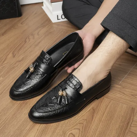 Giày Tassel Loafer Vân Cá Sấu Sang Trọng Giày Âu Nam Không Dây Lịch Lãm Giày Tây Nam Công Sở Đế Khâu RUNO G12