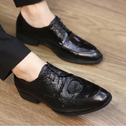 Giày Tây Nam Đế Cao Buộc Dây Đẹp - Giầy Tây Nam 3cm Chống Trượt - Giay Tay Nam Da PU Vân Cá Sấu Tận Xưởng Tốt - RUNO G52