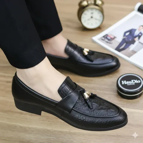 Giày Tassel Loafer Vân Cá Sấu Sang Trọng Giày Âu Nam Không Dây Lịch Lãm Giày Tây Nam Công Sở Đế Khâu RUNO G12