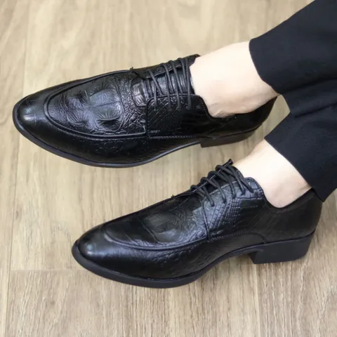 Giày Tây Nam Đế Cao Buộc Dây Đẹp - Giầy Tây Nam 3cm Chống Trượt - Giay Tay Nam Da PU Vân Cá Sấu Tận Xưởng Tốt - RUNO G52