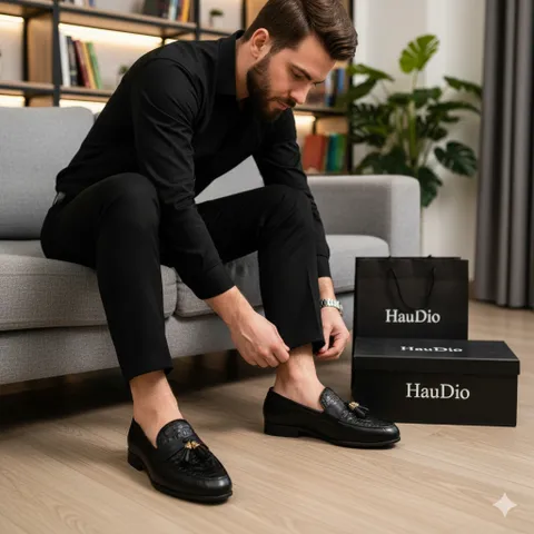 Giày Tassel Loafer Vân Cá Sấu Sang Trọng Giày Âu Nam Không Dây Lịch Lãm Giày Tây Nam Công Sở Đế Khâu RUNO G12