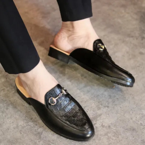 Sục Nam Cao Cấp Vân Cá Sấu - Giày Sục Nam Mềm Mại Chống Trượt Đế Đúc 3cm - Giày Lười Sục Nam Khóa Vàng Đẹp RUNO G38