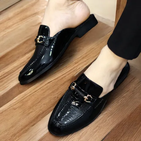 Giày Sục Đế Cao Nam Vân Đà Điểu - Sục Da Nam Cao Cấp Da Bóng - Giày Xục Nam Mềm Mại Đế Đúc Khóa Vàng Bền RUNO G40