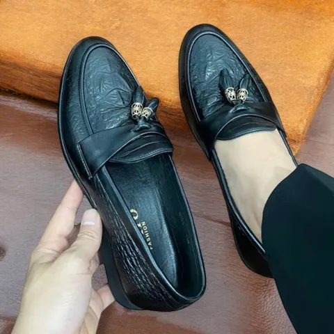 Giày Loafer Nam Vân Cá Sấu Chuông Vàng Giày Âu Nam Không Dây Lịch Lãm Giày Tây Nam Công Sở Đế Khâu Đẹp RUNO G12