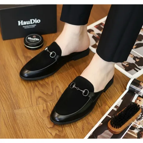 Giày sục nam công sở dễ xỏ chân thoáng khí phối nỉ, giầy da nam hàn quốc siêu bền có xích kim loại trang trí RUNO G67