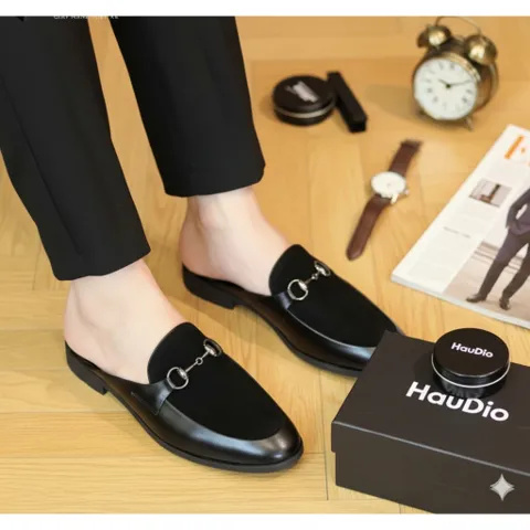 Giày sục nam công sở dễ xỏ chân thoáng khí phối nỉ, giầy da nam hàn quốc siêu bền có xích kim loại trang trí RUNO G67