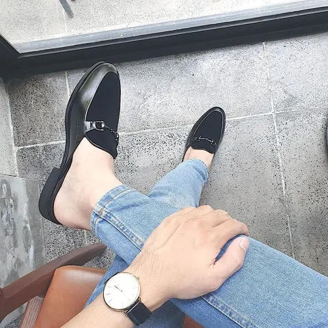Giày sục nam công sở dễ xỏ chân thoáng khí phối nỉ, giầy da nam hàn quốc siêu bền có xích kim loại trang trí RUNO G67