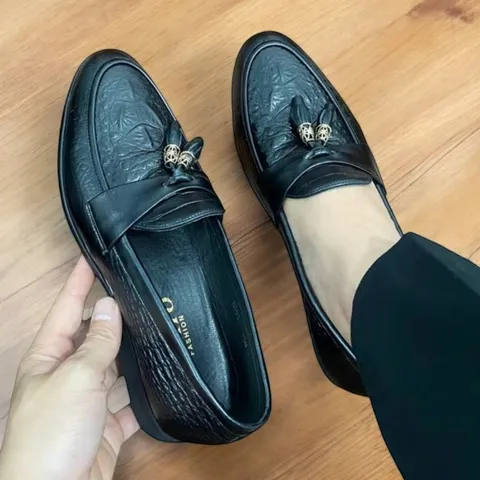 Giày Thời Trang Nam Vân Cá Sấu Chuông Vàng Giày Âu Nam Penny Sang Trọng Giày Tây Nam Công Sở Đế Khâu RUNO G12