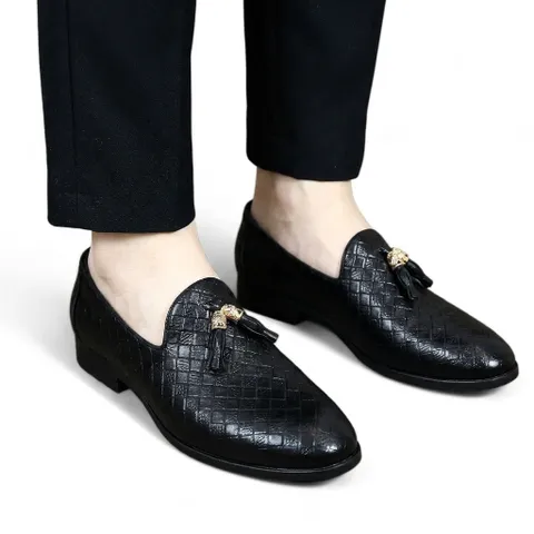 Giày Tây Lười Nam Cao Cấp RUNO G1 - Giày Da PU Đen Dập Vân Caro, Đế Cao Su Mềm Chống Trơn Trượt, Thời Trang Công Sở