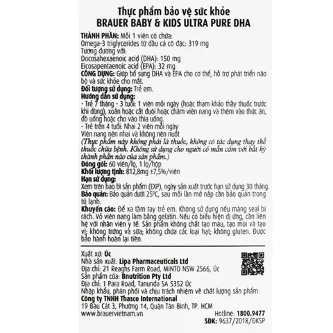 Viên hỗ trợ phát triển não bộ sức khỏe cho mắt Brauer Baby & Kids Ultra Pure DHA (60 viên)