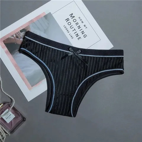 Quần Lót Nữ Thun Gân Cotton Đính Nơ Mềm Mại Thoáng Khí Bikini Quần Chip Kẻ Sọc Gợi Cảm Quyến Rũ - T321 Đen