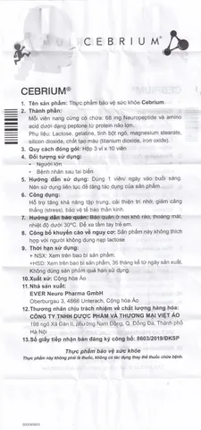 Viên hỗ trợ tăng khả năng tập trung Cebrium Ever Pharma (3 vỉ x 10 viên)