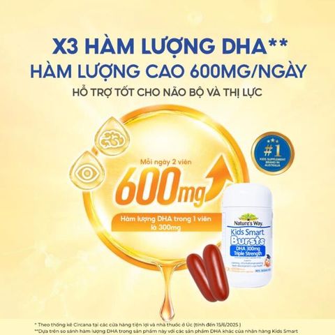 Viên nhai Kids Smart Bursts DHA 300mg Nature's Way hỗ trợ phát triển trí não và thị lực cho trẻ (50 viên)