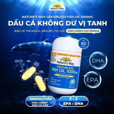 Viên hỗ trợ bổ não Odourless Fish Oil 1000mg Nature's Way (80 viên)