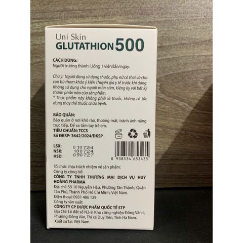 Uni Skin Glutathion 500 Hỗ trợ chống oxy hóa, hạn chế lão hóa da (H/30 viên)