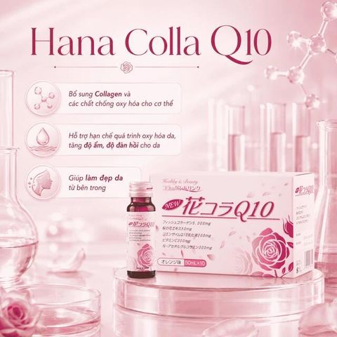 Chai uống bổ sung collagen giúp đẹp da tăng độ ẩm cho da và độ đàn hồi cho da Hana Colla Q10 Jpanwell (10 chai x 50ml)