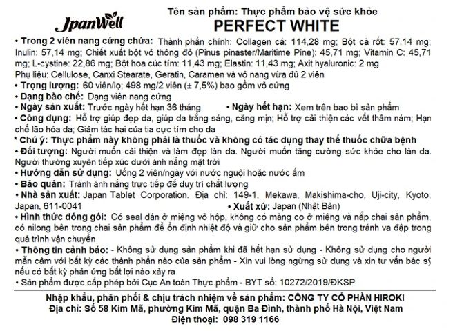 Viên uống hỗ trợ làm đẹp da, giúp da trắng sáng, cải thiện thâm nám, hạn chế lão hóa da Perfect White Jpanwell (60 viên)