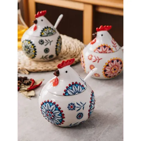 Sét 3 hũ đựng gia vị con gà kèm khay,thìa Tregoer.