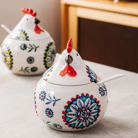 Sét 3 hũ đựng gia vị con gà kèm khay,thìa Tregoer.