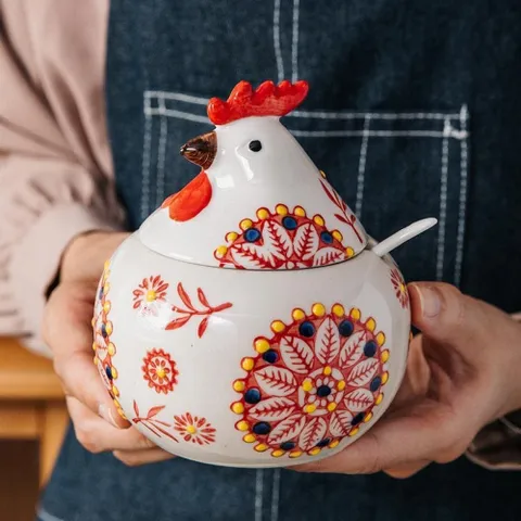 Sét 3 hũ đựng gia vị con gà kèm khay,thìa Tregoer.