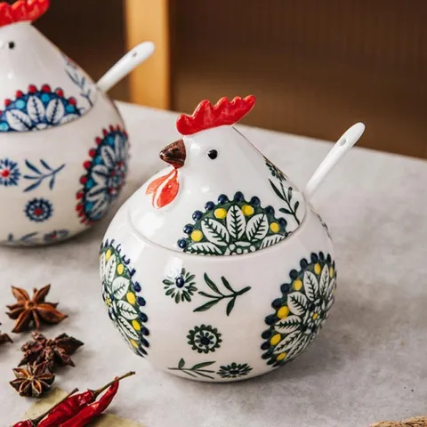 Sét 3 hũ đựng gia vị con gà kèm khay,thìa Tregoer.