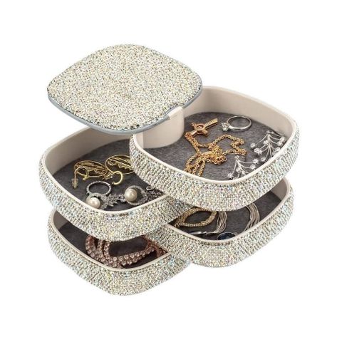 Hộp đựng trang sức phủ vân diamond xoay 4 lớp cao cấp