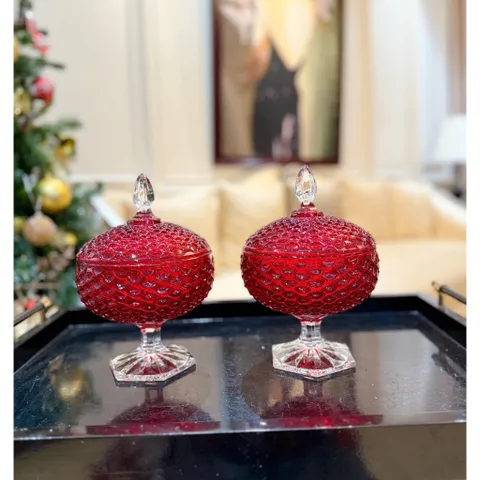 Chân bồng pha lê có nắp 16cm đỏ