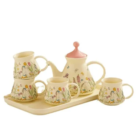 Bộ ấm chén sứ họa tiết thỏ hoa Vintage