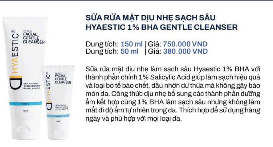 Sữa rửa mặt dịu nhẹ làm sạch sâu Hyaestic 1% BHA Facial Gentle Cleanser [hàng nhập khẩu]