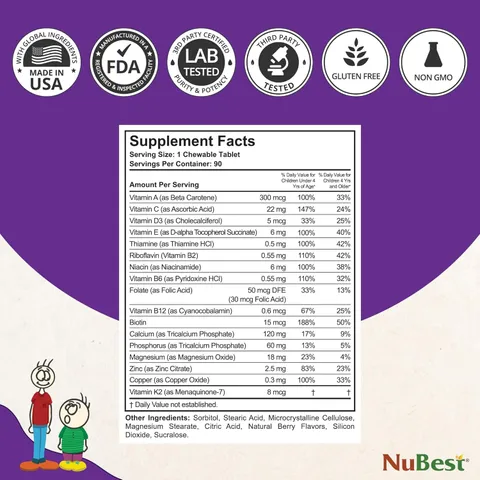 Viên Nhai NuBest Tall Kids 2 tuổi - 9 tuổi thời điểm vàng giúp bé phát triển chiều cao và trí não 90 viên sản xuất Mỹ