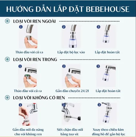 (Combo 02) Đầu nối vòi nước tích hợp bông lọc hoạt tính xoay 360