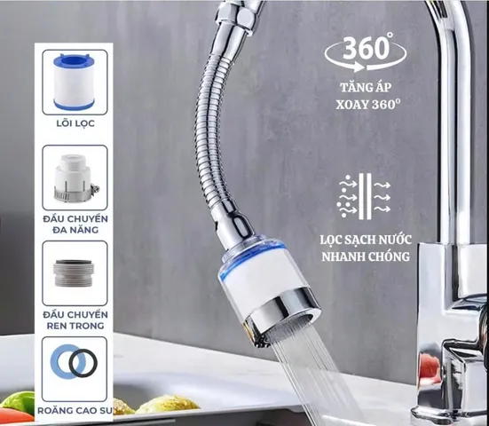 (Combo 02) Đầu nối vòi nước tích hợp bông lọc hoạt tính xoay 360