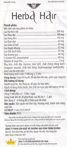 Viên uống hỗ trợ làm đen tóc, giảm gãy rụng Herba Hair Kingphar (60 viên)