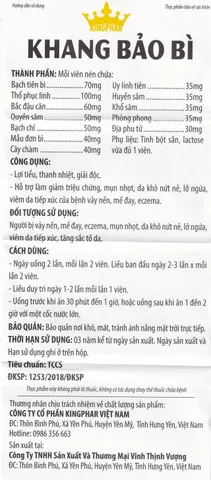 Viên uống hỗ trợ giảm mụn nhọt, da khô, nứt nẻ, lở ngứa của bệnhh vảy nến Khang Bảo Bì Kingphar (60 viên)