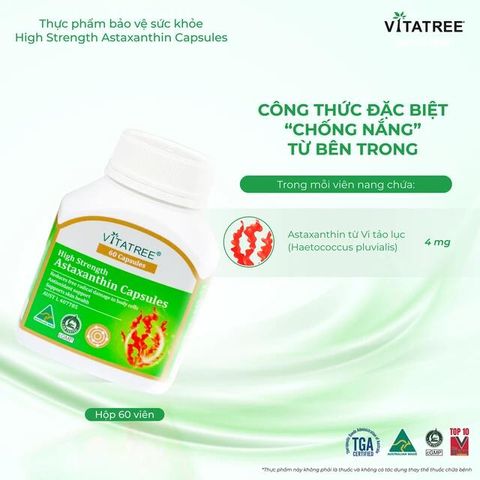 Viên uống hỗ trợ chống oxy hoá, hỗ trợ sức khoẻ da, tăng cường sức đề kháng Vitatree High Strength Astaxanthin (Hộp 60 viên)