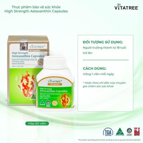 Viên uống hỗ trợ chống oxy hoá, hỗ trợ sức khoẻ da, tăng cường sức đề kháng Vitatree High Strength Astaxanthin (Hộp 60 viên)