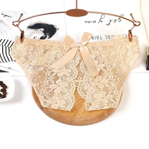 Quần Lót Sexy Ren Hoa Sịp Nữ Khoét Đũng Phối Nơ - T306 Nude
