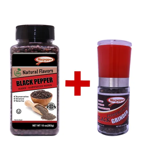 ComBo tiêu rang hạt và tiêu hạt MacPepper-Bao gồm cối xay và hủ (350g)