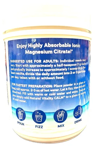 Bột bổ sung magie Natural Vitality Calm với hương vị mâm xôi-chanh 325 mg 20 oz (567 g).