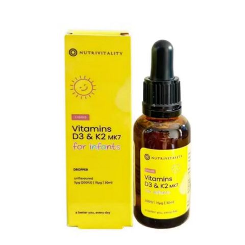 Vitamin D3 & K2 MK7 Liquid for Infants Nutrivitality dạng giọt |30 mL| Tăng hấp thu Calci & Hỗ trợ phát triển chiều cao tối ưu cho trẻ nhỏ [S/P Chuẩn UK]