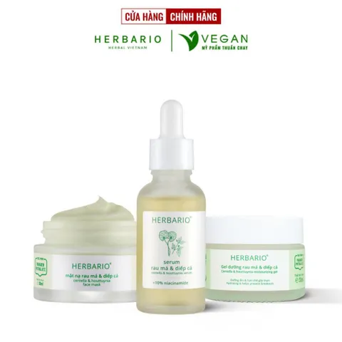 Bộ 3 rau má diếp cá Herbario thuần chay: Mặt nạ 30ml + Serum 30ml + Gel dưỡng 30ml thuần chay