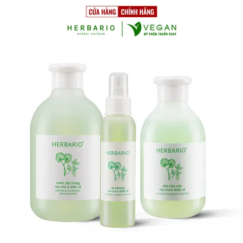 Bộ 3 rau má và diếp cá Herbario chăm sóc da mụn: Nước tẩy trang 300ml + Sữa rửa măt  200ml + Xịt khoáng 100ml