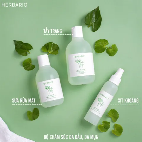 Bộ 3 rau má và diếp cá Herbario chăm sóc da mụn: Nước tẩy trang 300ml + Sữa rửa măt  200ml + Xịt khoáng 100ml