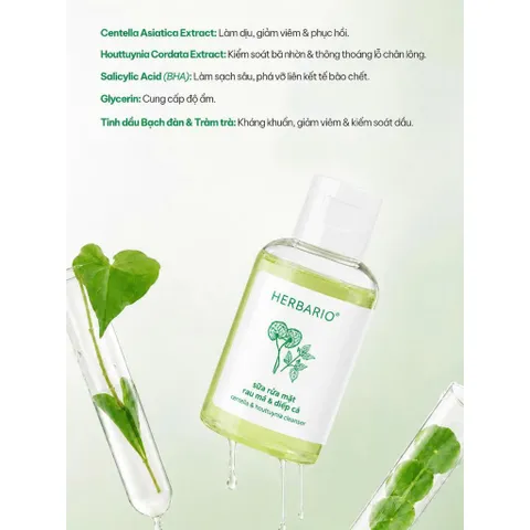 Mini size - Sữa rửa mặt Rau má & Diếp cá herbario 50ml sạch mụn thuần chay