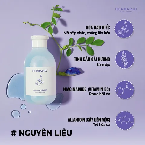 Toner nước cân bằng da Hoa Đậu Biếc Herbario 200ml thuần chay, chống lão hóa