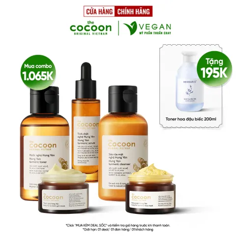 Bộ 5 sản phẩm nghệ cocoon: Sữa rửa mặt nghệ 140ml + Mặt nạ nghệ 30ml + Toner nghệ 140ml+Tinh chất nghệ+ Thạch nghệ 30ml