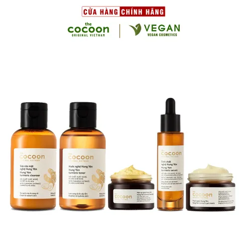 Bộ 5 sản phẩm nghệ cocoon: Sữa rửa mặt nghệ 140ml + Mặt nạ nghệ 30ml + Toner nghệ 140ml+Tinh chất nghệ+ Thạch nghệ 30ml
